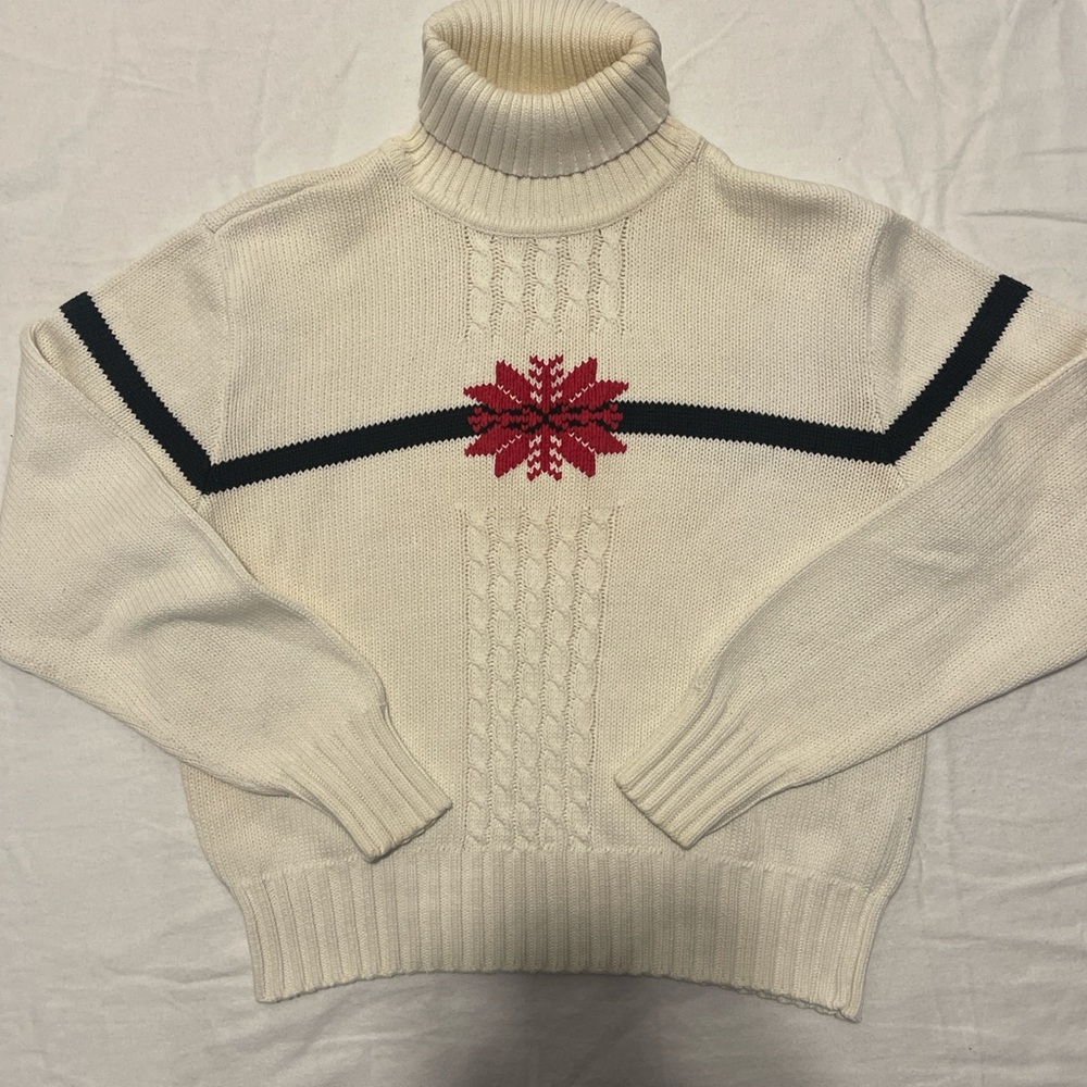 Liz Claiborne Cream Turtleneck Sweater with Red and Black Design